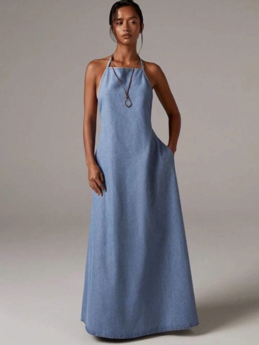 Chambray Denim Halter Neck Backless Maxi Dress Size 12 Blue Loose Fit